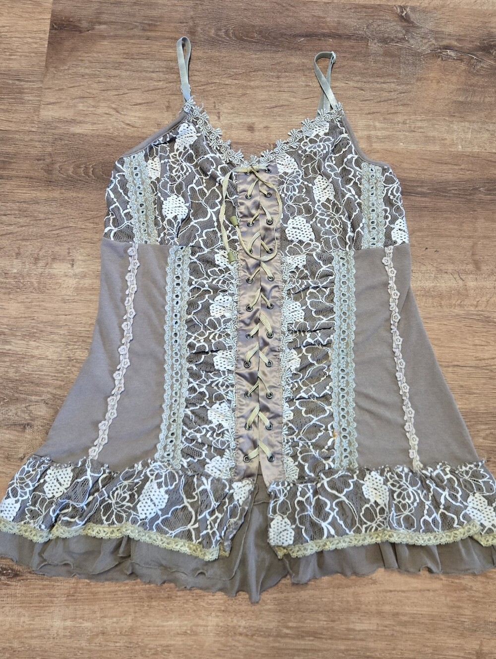 Vtg  Y2k Pretty Angel Taupe Lace Trim Corset-Style Tank Large Fairy Grunge Linen